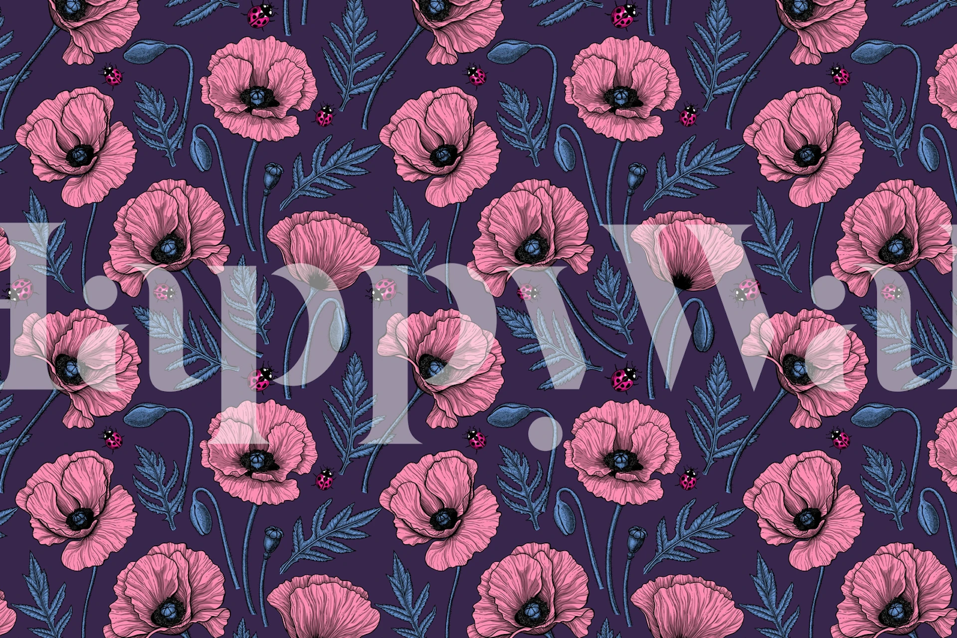 Pink poppies and ladybugs wallpaper design