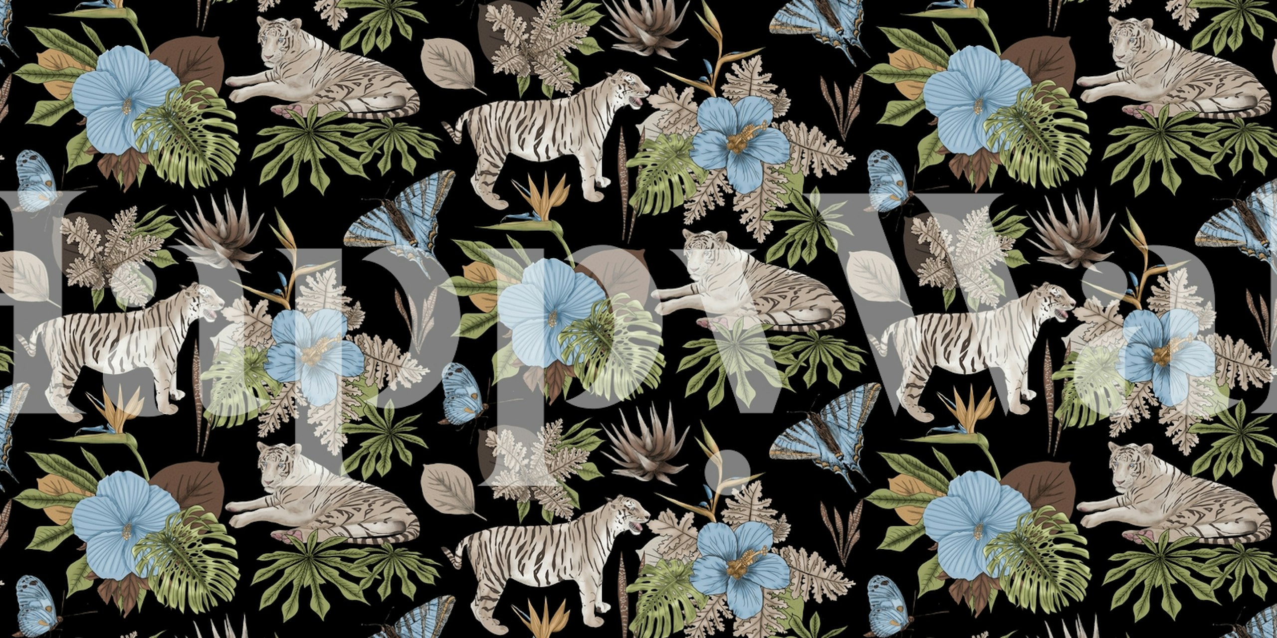 White tigers amidst tropical foliage and flowers on black wallpaper