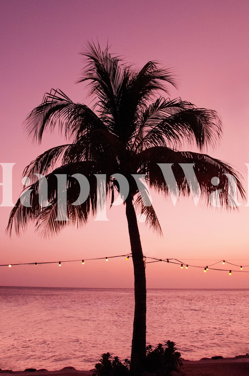 Silhouette of a palm tree at sunset with purple and pink tones wallpaper