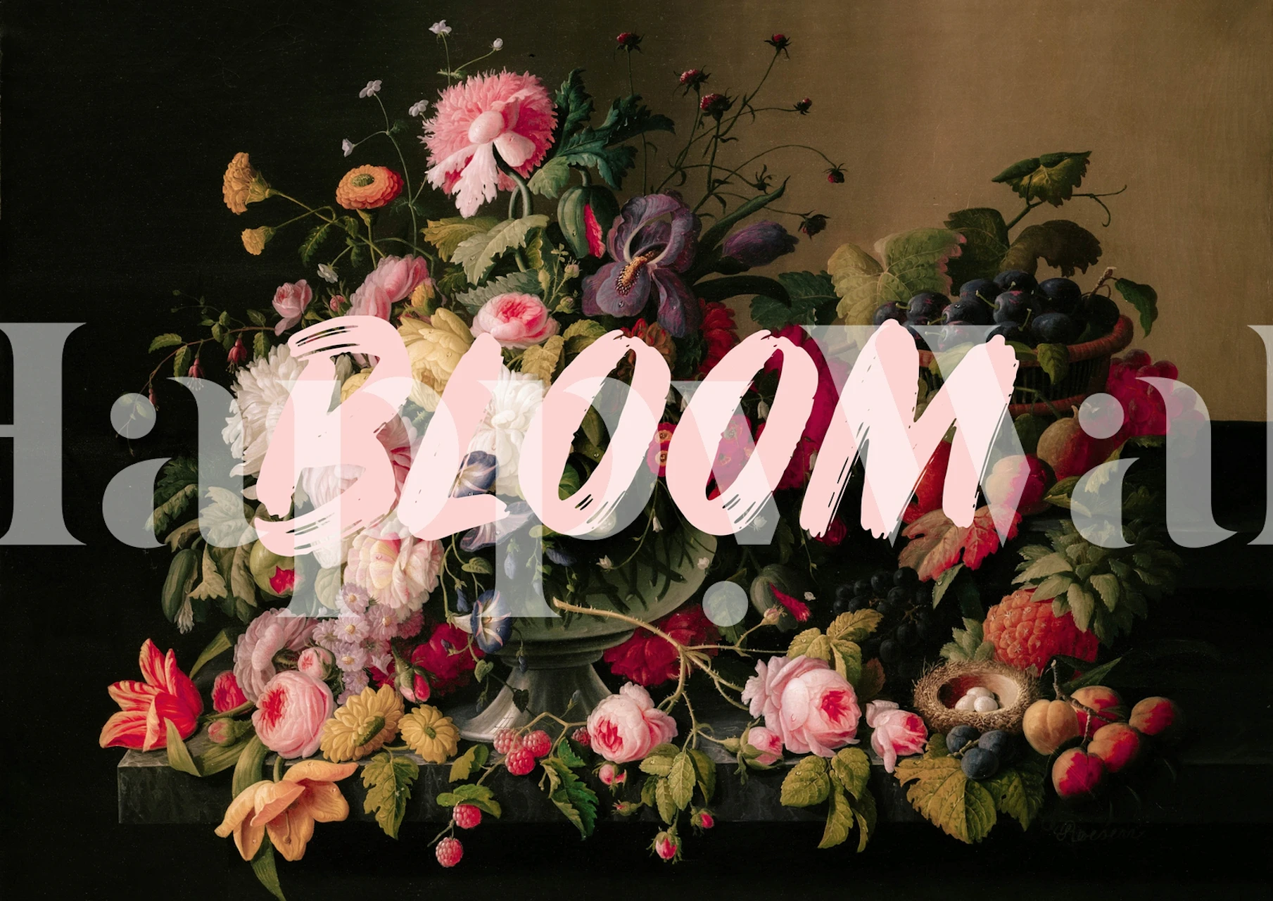 Floral art wallpaper with modern Bloom text