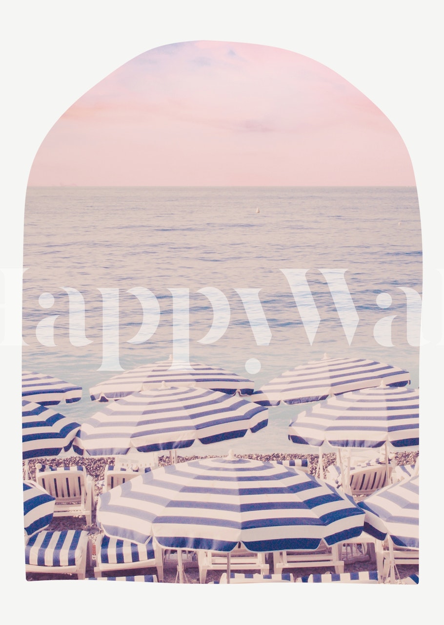 Wandbild „Pink Boho Beach Scene“ mit pastellrosa Himmel und blau gestreiften Sonnenschirmen