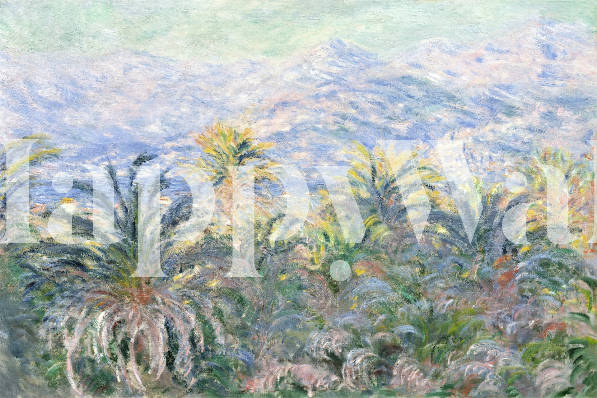 Tropical palm trees in green, yellow, and blue hues wallpaper