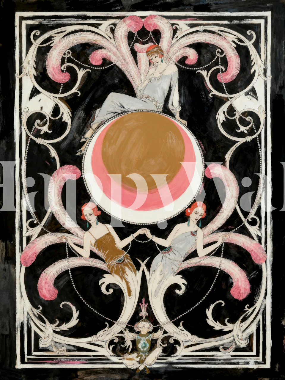 Art Deco wallpaper featuring Moon Ladies in black, pink, and gold colors