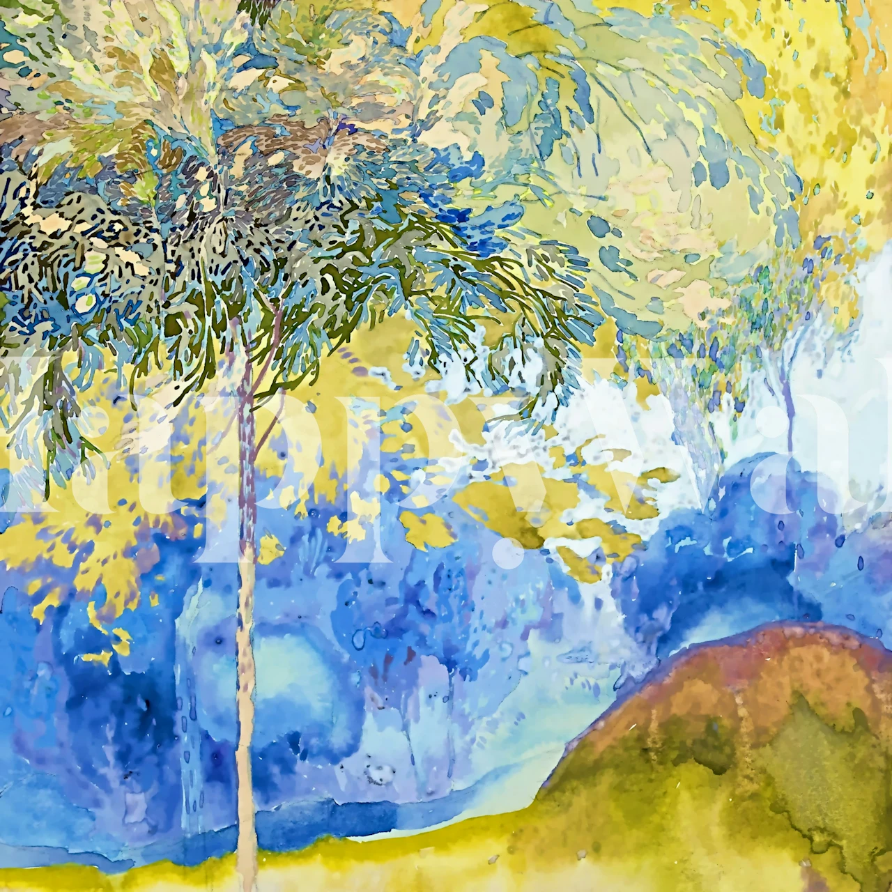 Watercolor trees wallpaper in a room