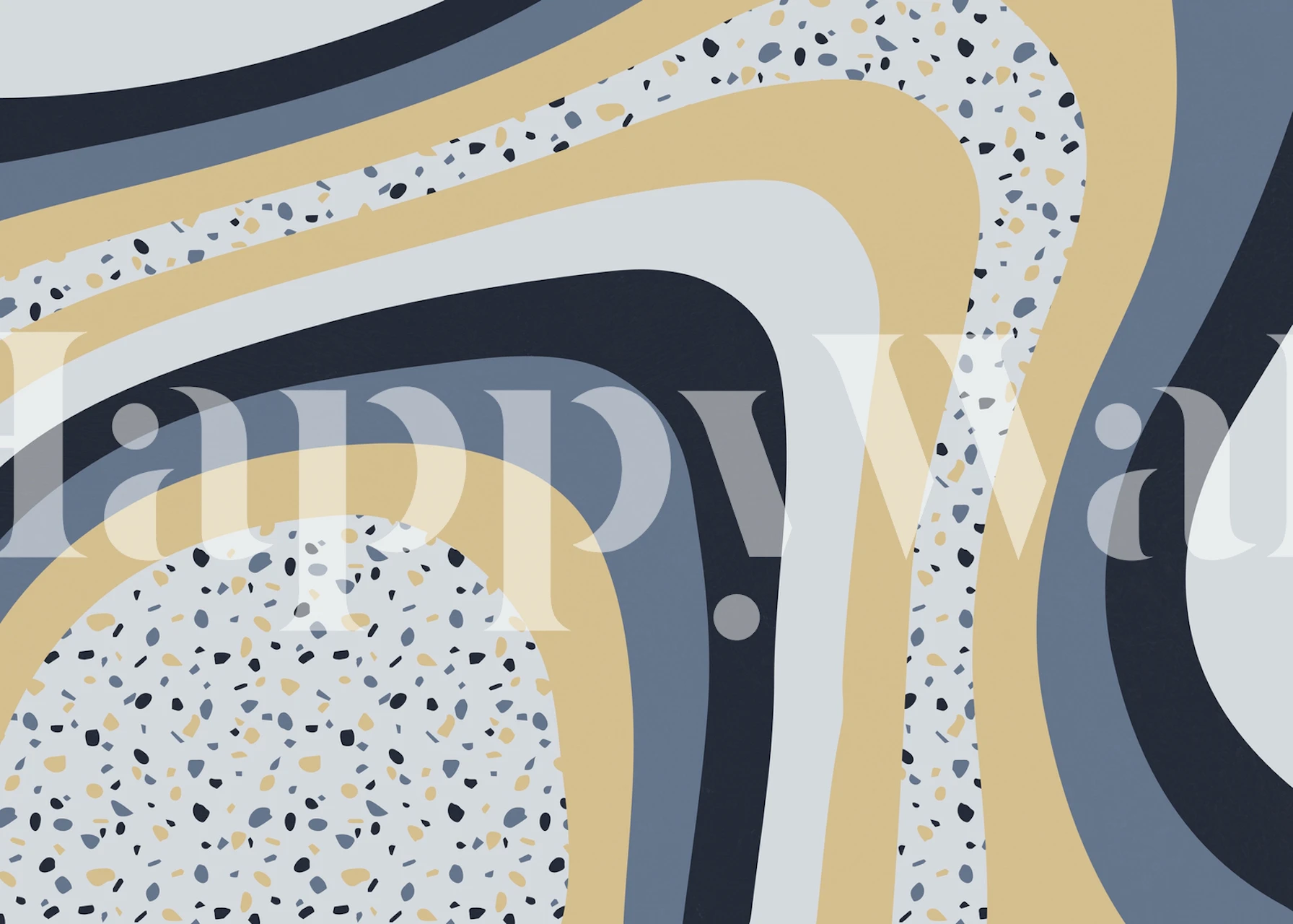 Mural de pared abstracto Organic X con líneas curvas en grises y beiges con detalles moteados