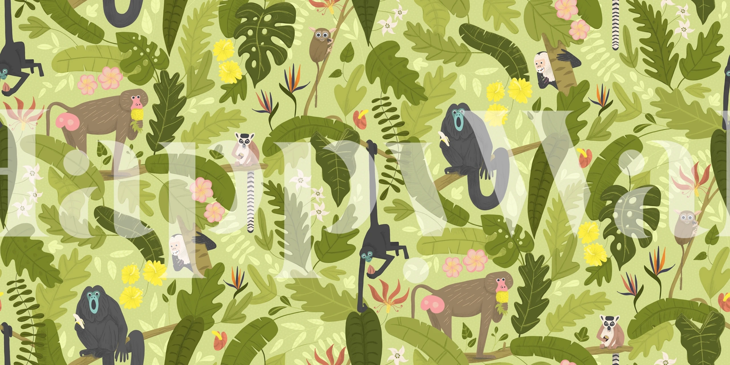 Colorful monkeys and lemurs in lush green jungle wallpaper