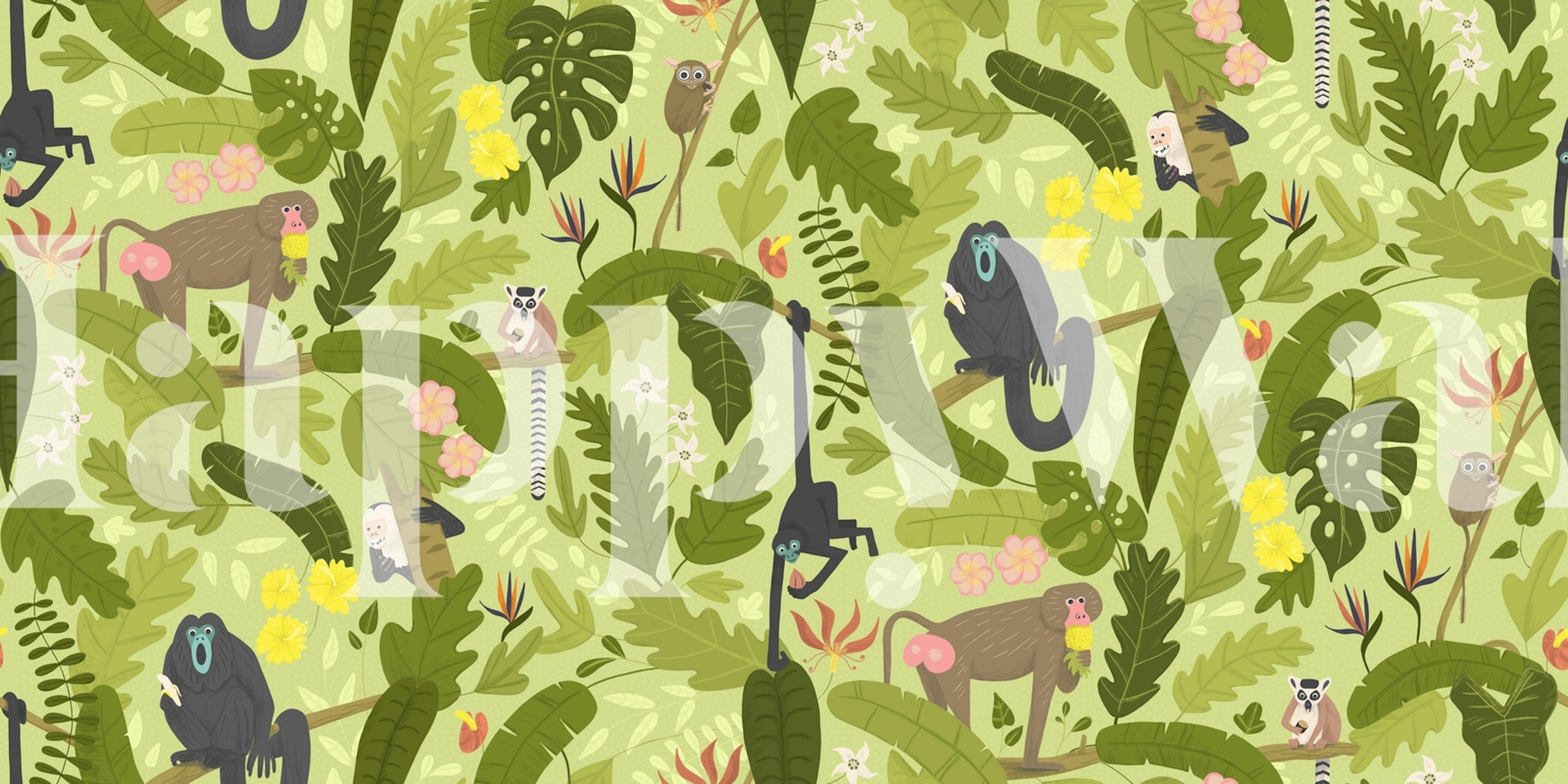 Colorful monkeys and lemurs in lush green jungle wallpaper