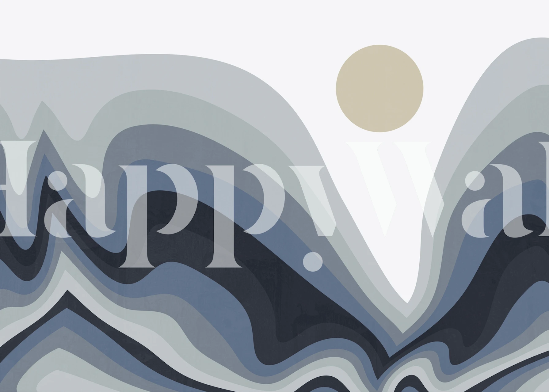 Abstract landscape design with blue waves and a sun. Wallpaper.
