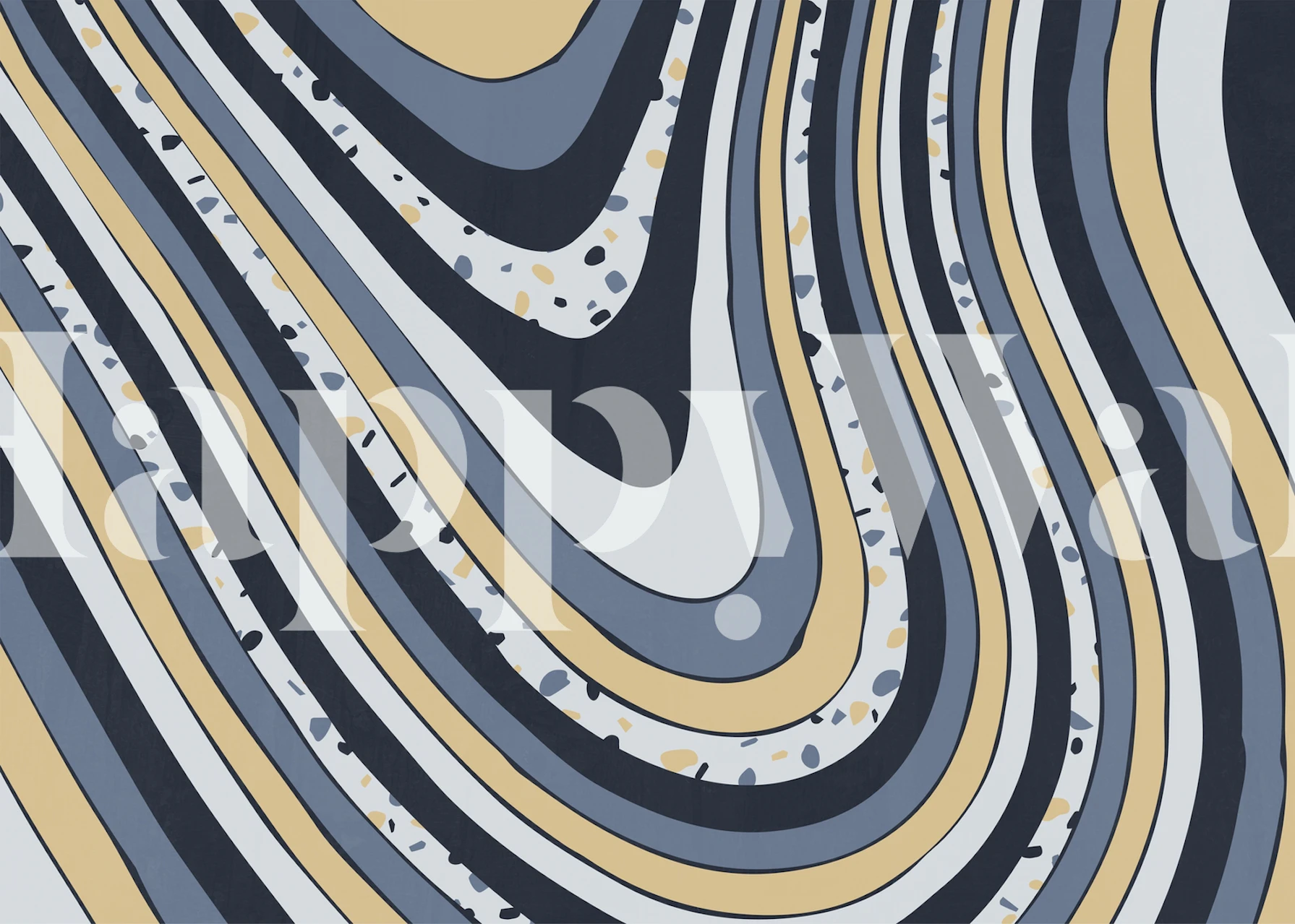 Abstract organic patterns in blue, gray, and gold wallpaper