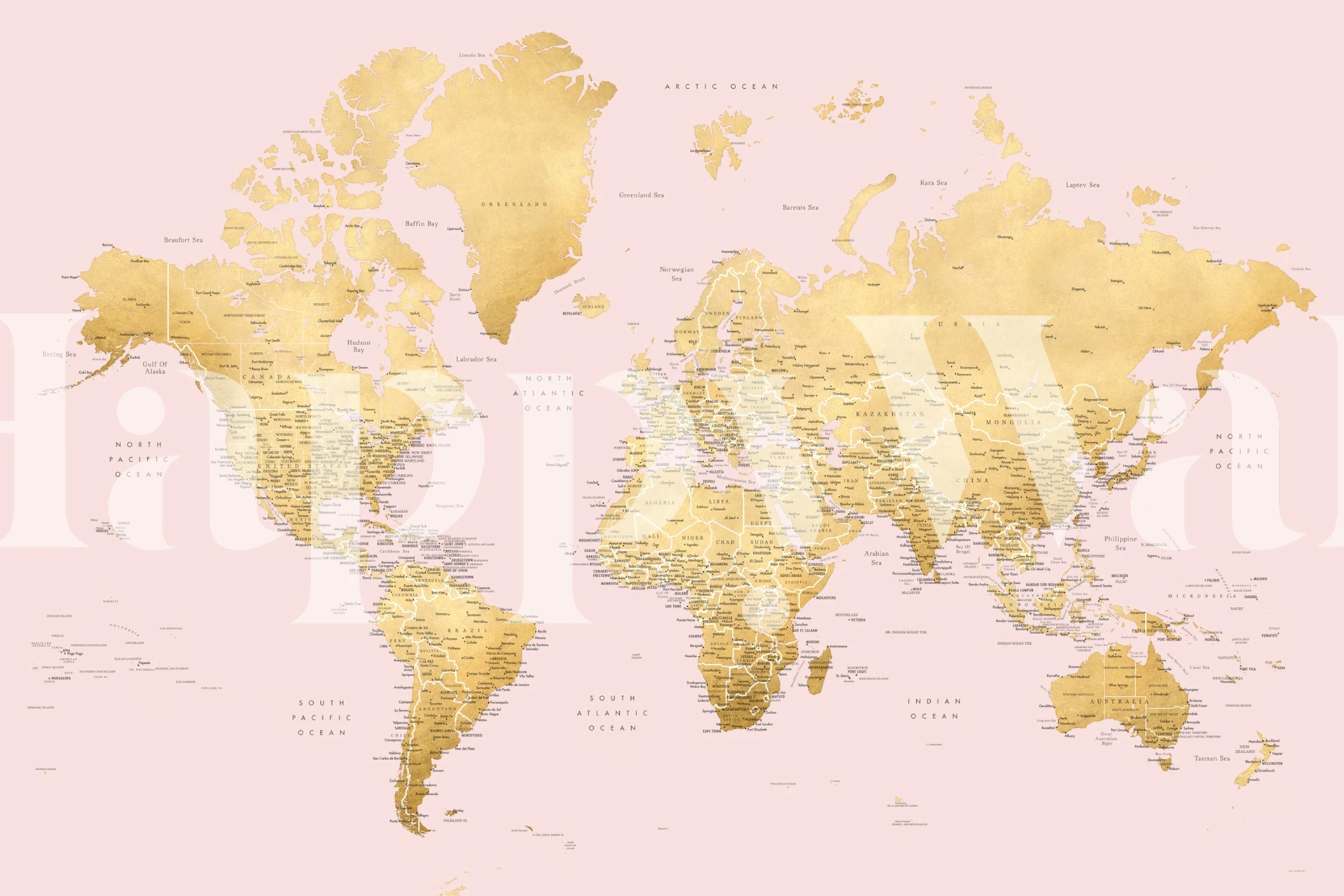 World map in gold on pink background wallpaper