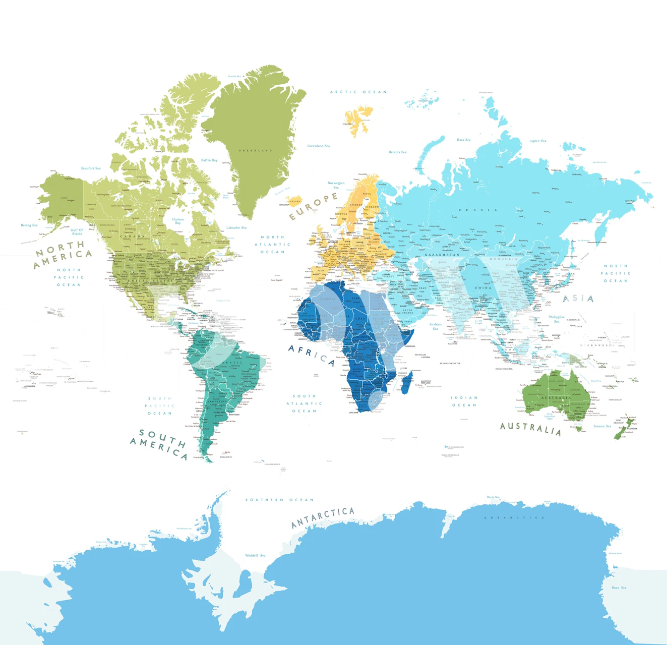 Barevná fototapeta s mapou světa s výraznými barvami Antarktidy pro každý kontinent