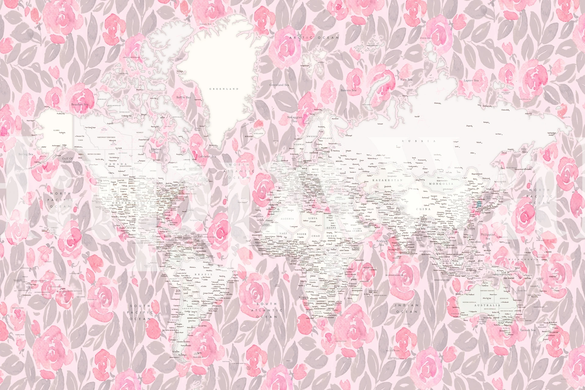 World map with pink floral background wallpaper