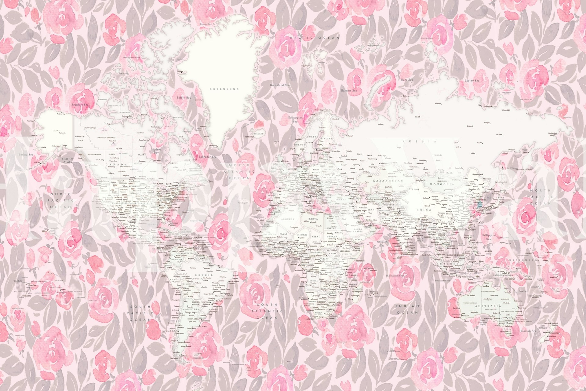 World map with pink floral background wallpaper