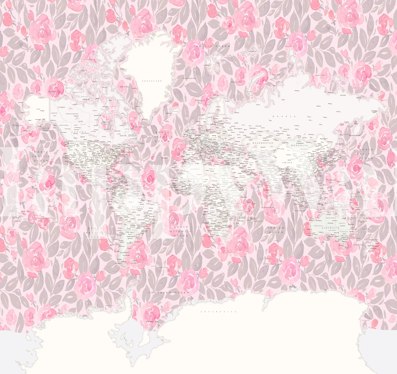 Fototapeta Stylizovaná mapa světa se zaměřením na Antarktidu, zdobená růžovými a bílými vzory