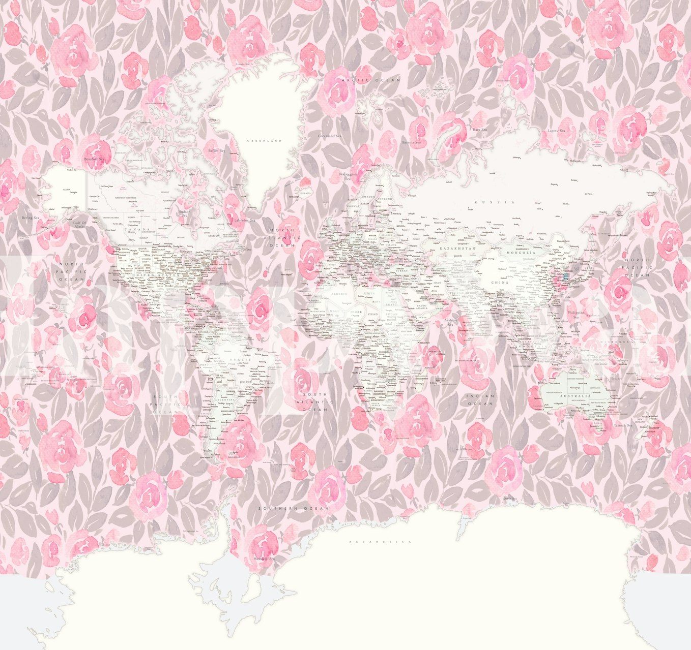 Fototapeta Stylizovaná mapa světa se zaměřením na Antarktidu, zdobená růžovými a bílými vzory