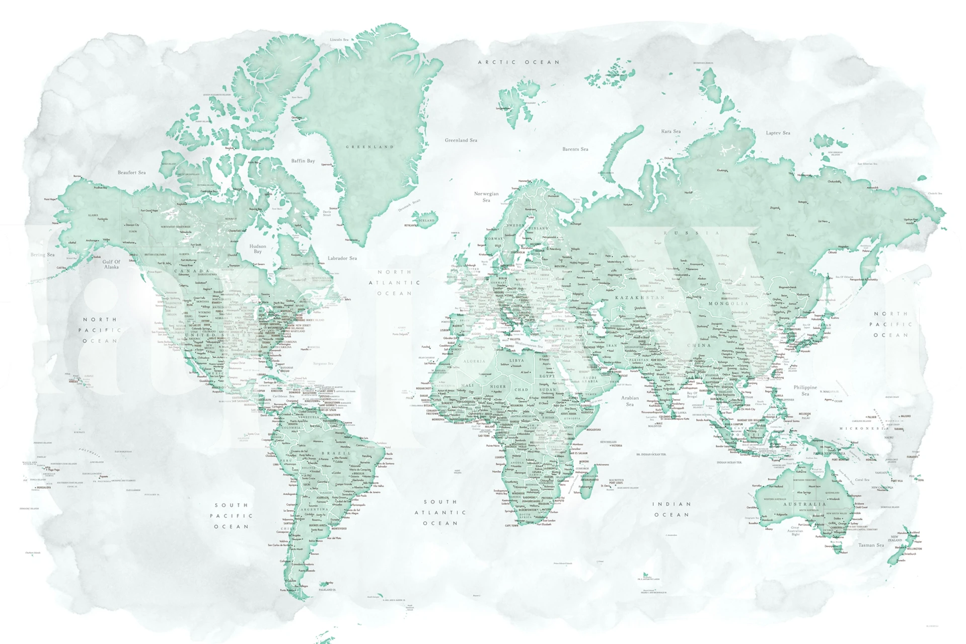 Detailed world map in mint green and white wallpaper