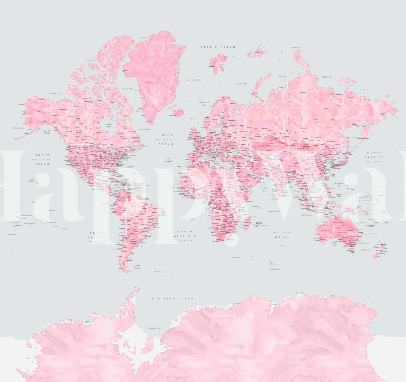 Pink world map with labeled countries and regions wallpaper