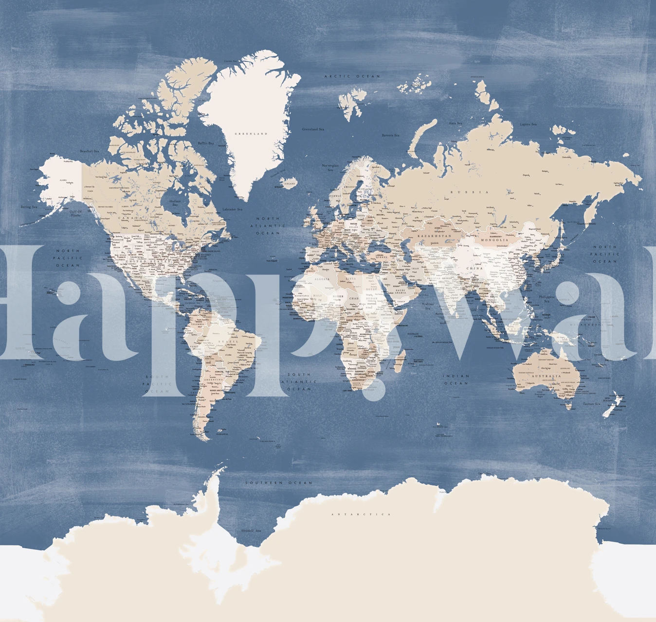 Antique-style world map wall mural with visible Oysin Antarctica