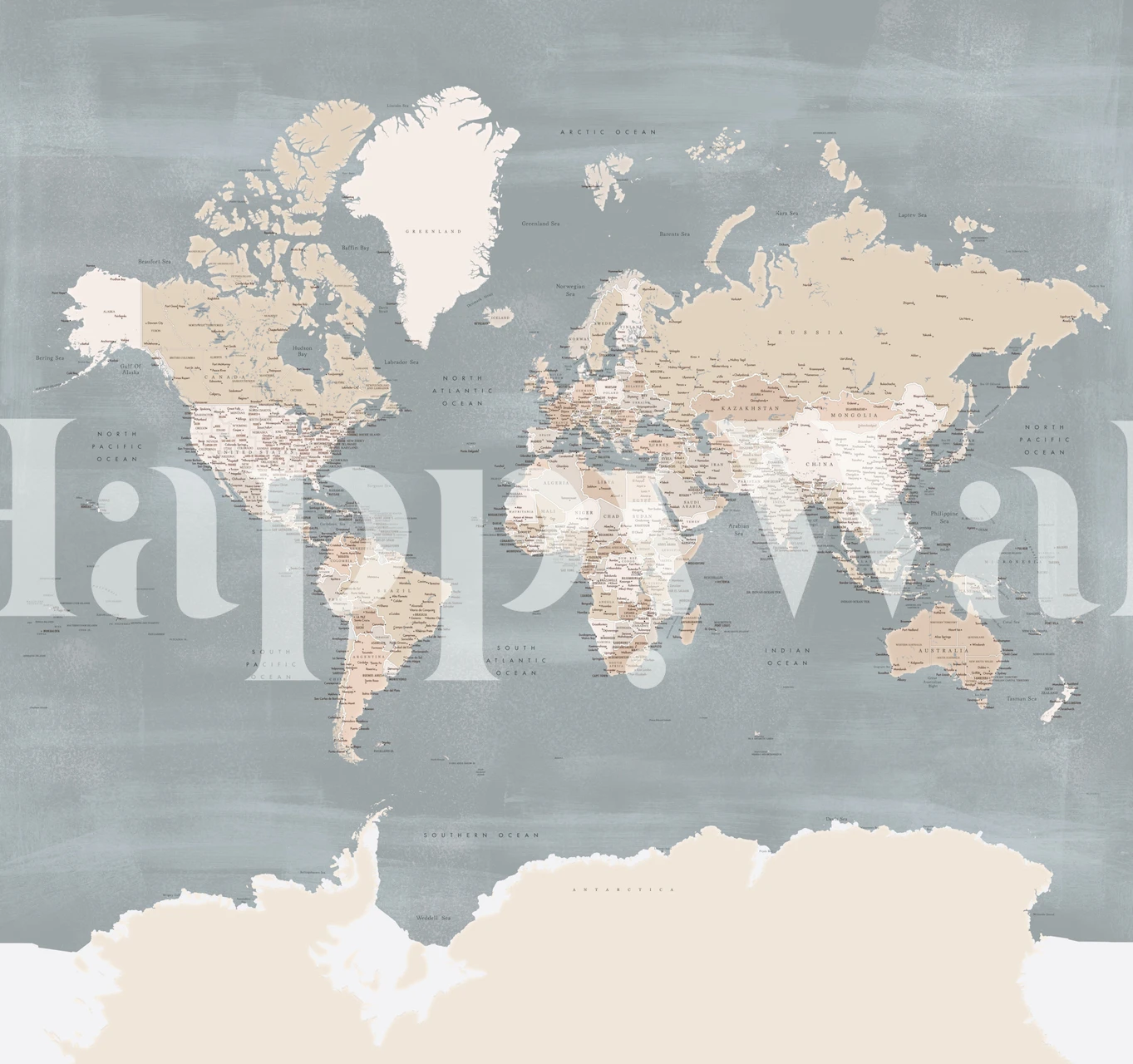 World map in muted beige and grey tones wallpaper