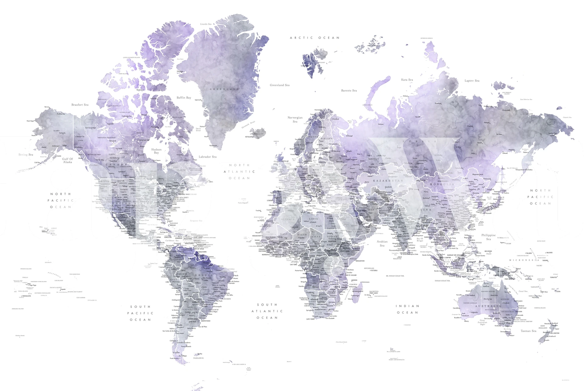 Purple and gray watercolor world map wallpaper