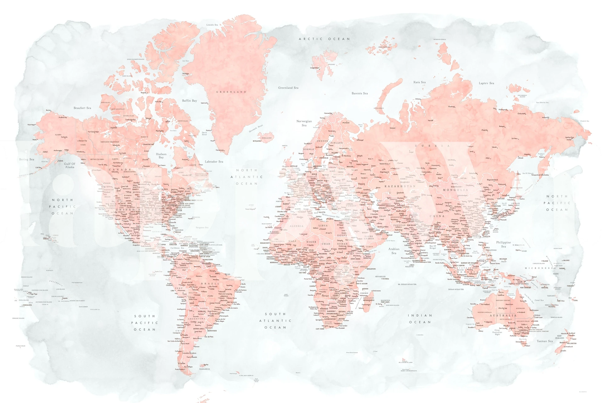 Pink world map with watercolored background wallpaper