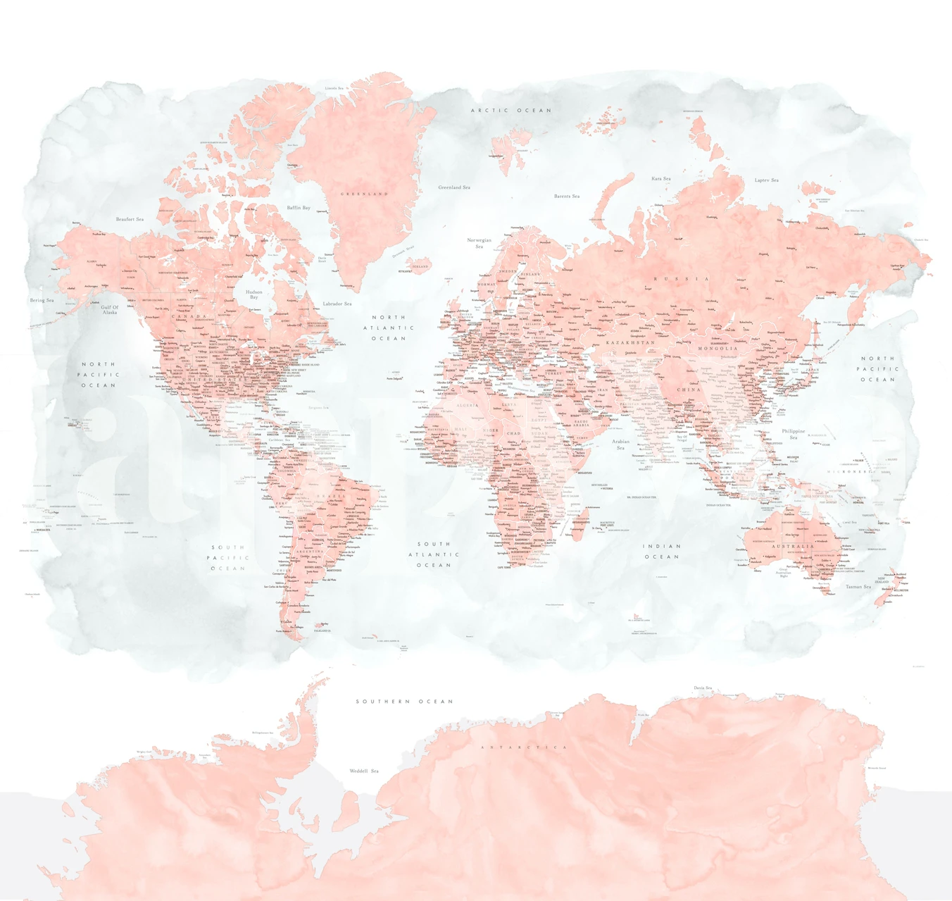 Carta da parati con mappa del mondo stilizzata con continenti rosa tenue raffiguranti l'Antartide