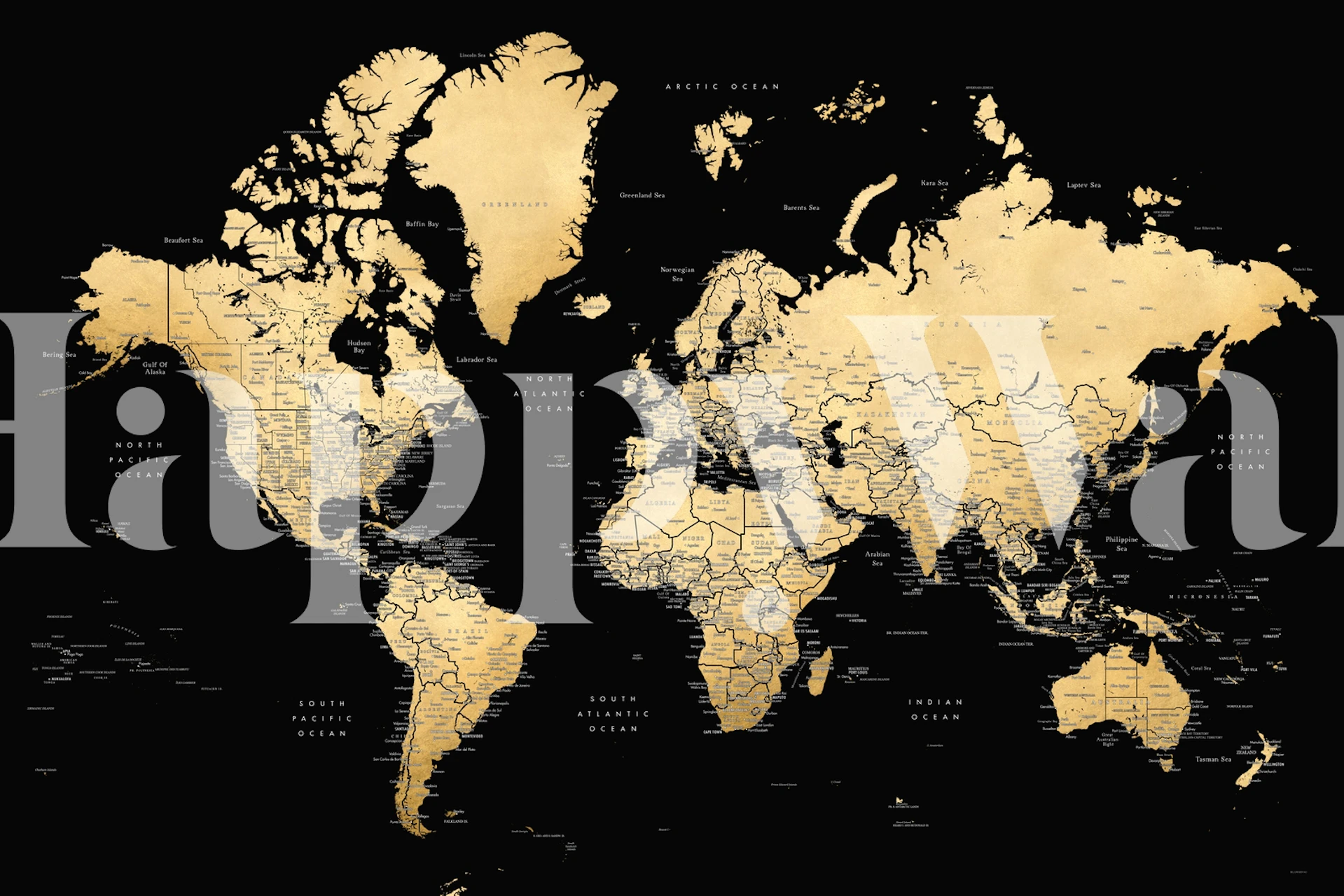 World map in gold and black with detailed country labels wallpaper