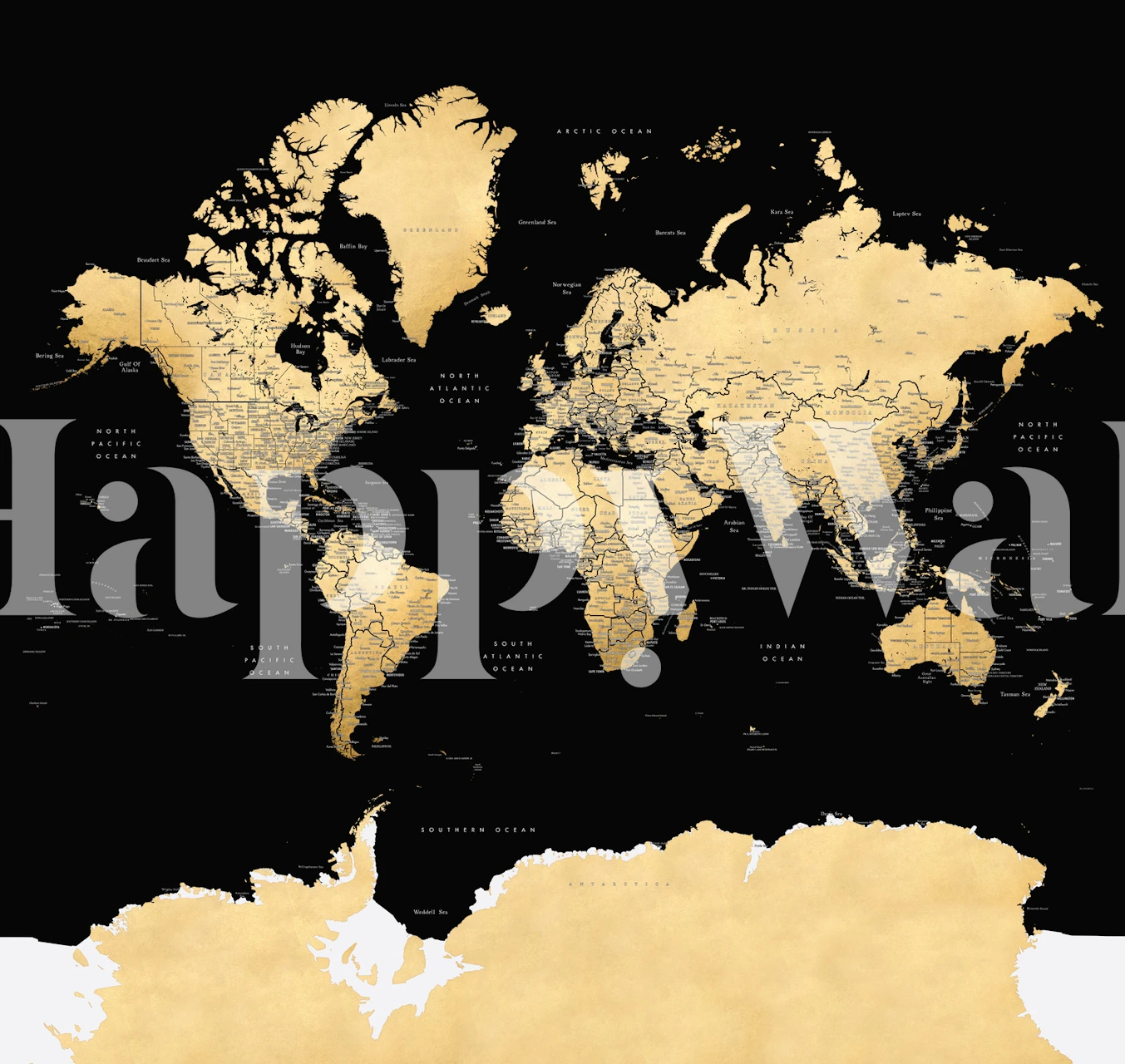 Elegant world map wall mural with Antarctica featuring gold tones on a black background