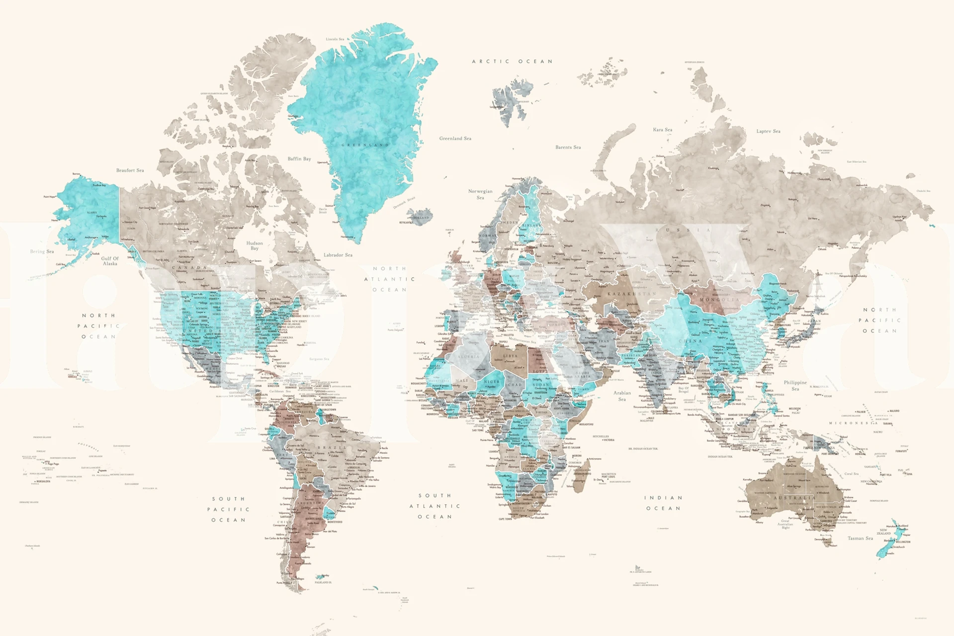 Papel pintado mapa mundial detallado en una habitación