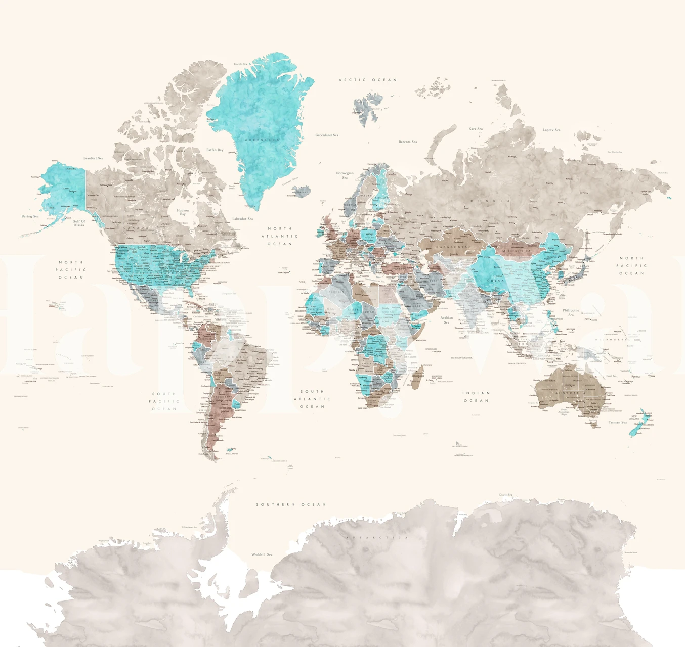 World map Romy Antarctica wallpaper in a room