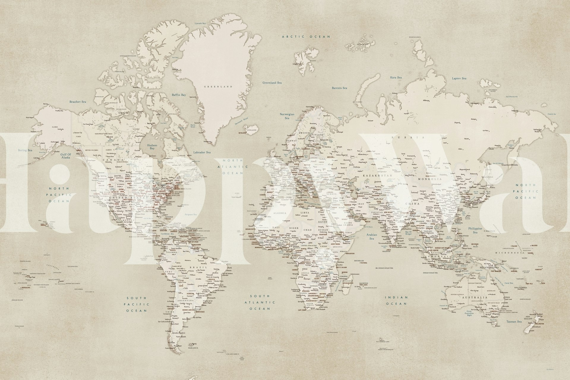Fototapeta z mapą świata w stylu vintage w kolorze sepii, która nada wnętrzu wyrafinowany charakter