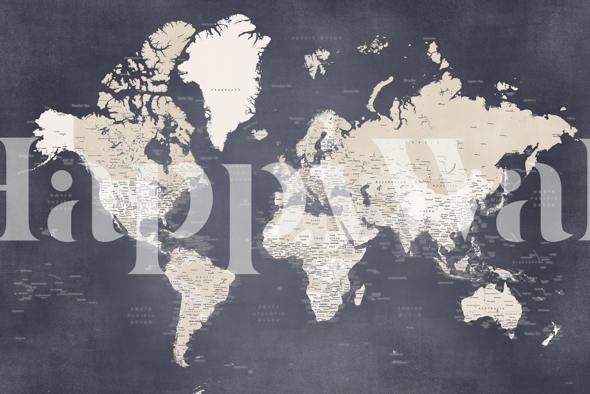 Vintage world map in neutral colors on dark background wallpaper