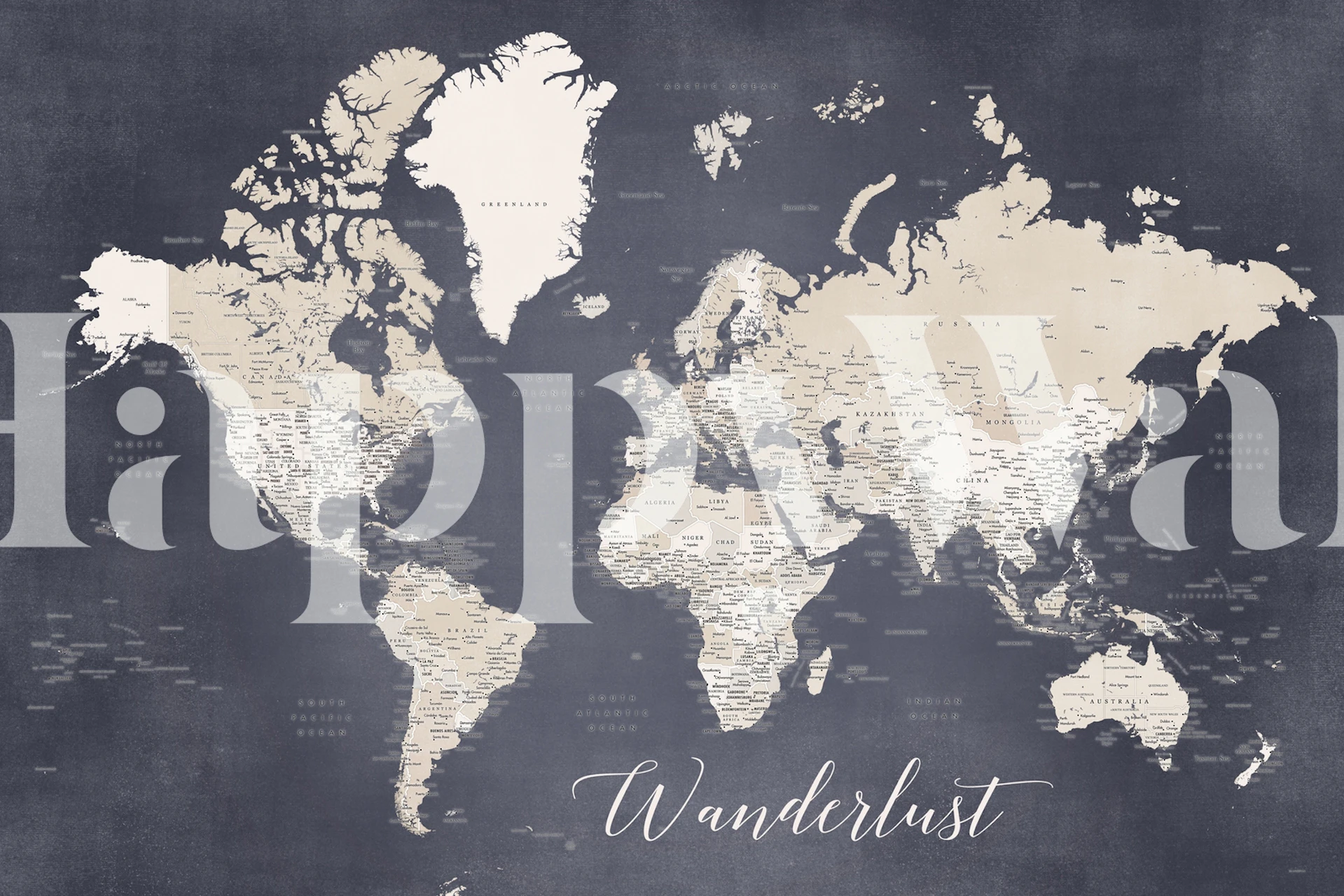 World map in muted tones with 'Wanderlust' text, vintage style wallpaper
