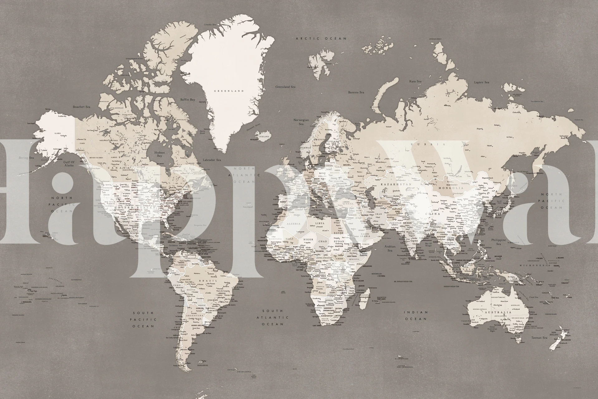 Mural de pared de Phuoc con un mapa mundial detallado que muestra todos los continentes en tonos neutros