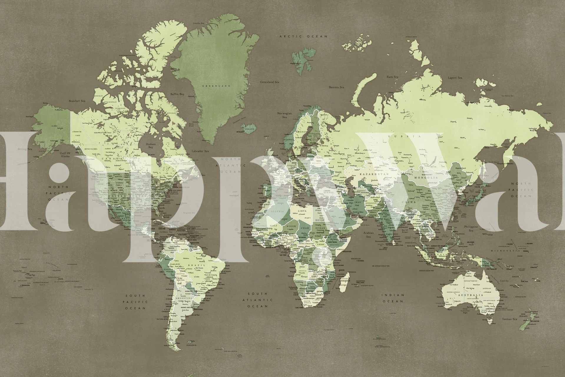 World map in shades of green and brown wallpaper