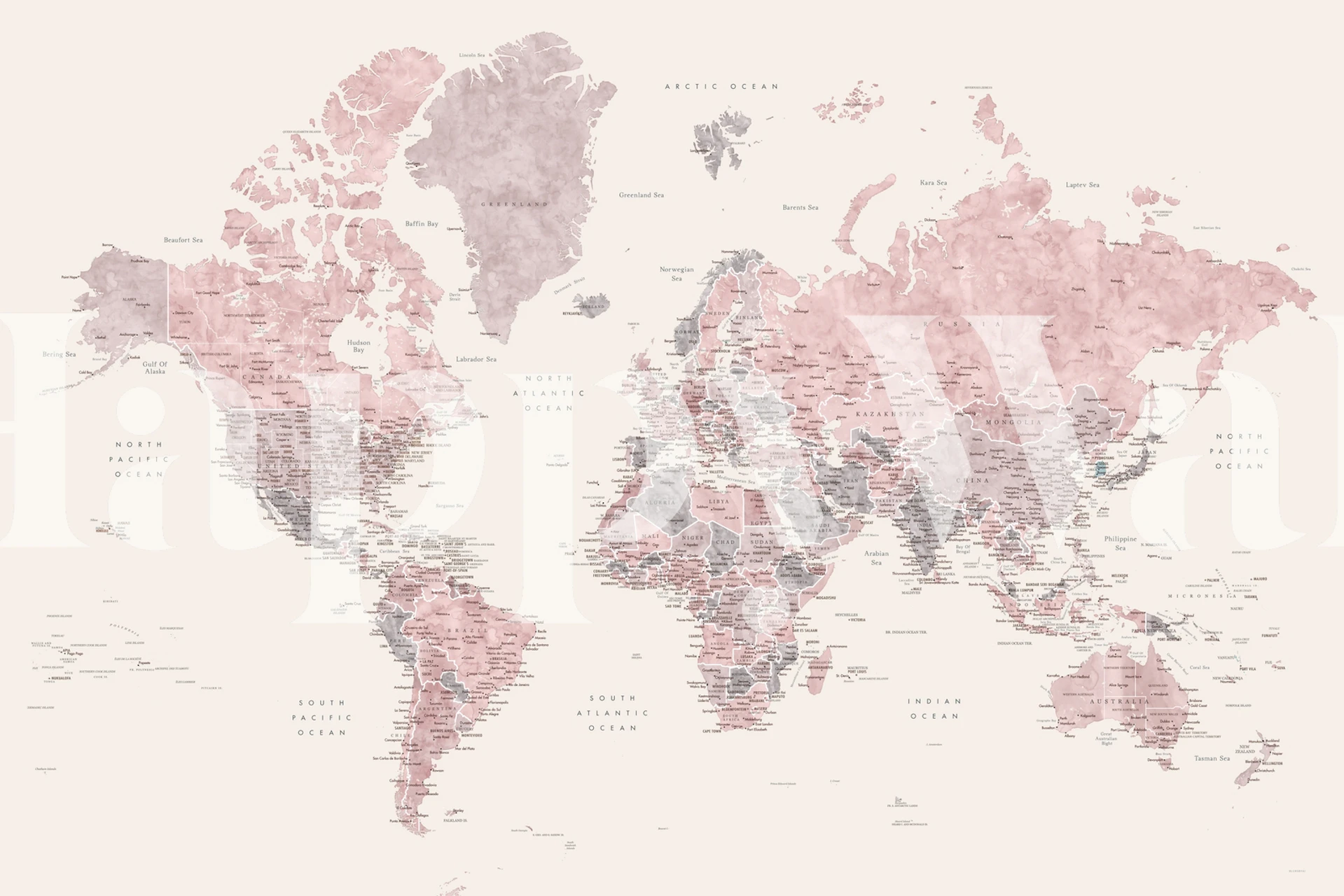 Vintage world map mural in pink and grey tones wallpaper