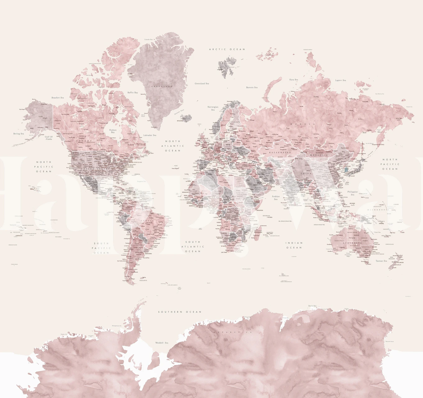 Zartrosa Weltkarte mit Antarktis-Fototapete für die Inneneinrichtung