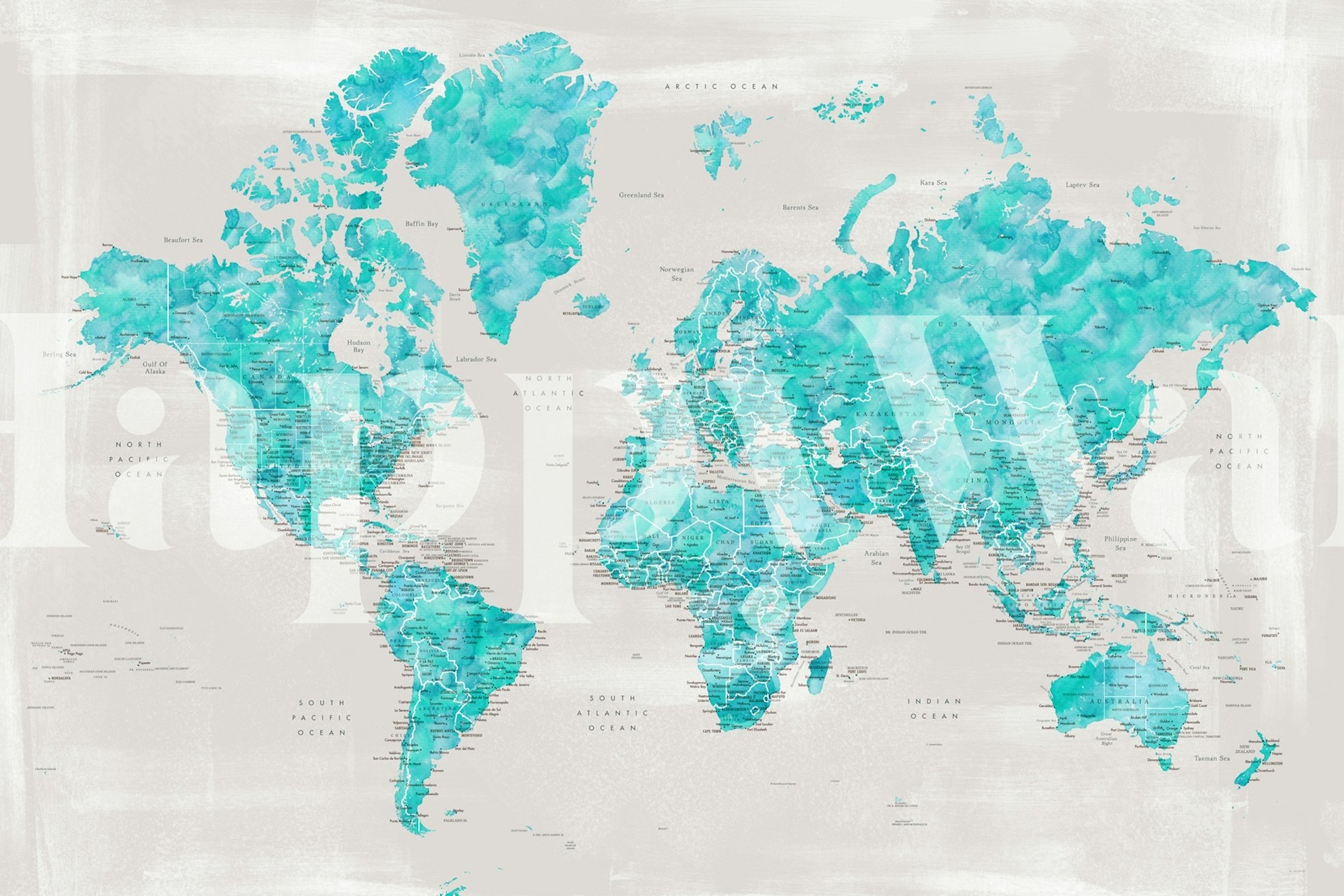 World map in shades of blue with geographical labels wallpaper
