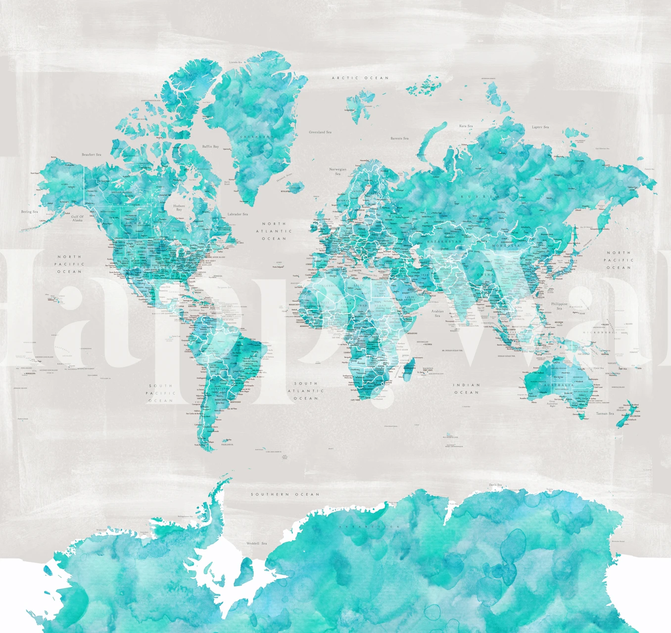 Fotomural vinílico de parede de mapa mundial em aquarela estilizado aqua e branco com ênfase na Antártida