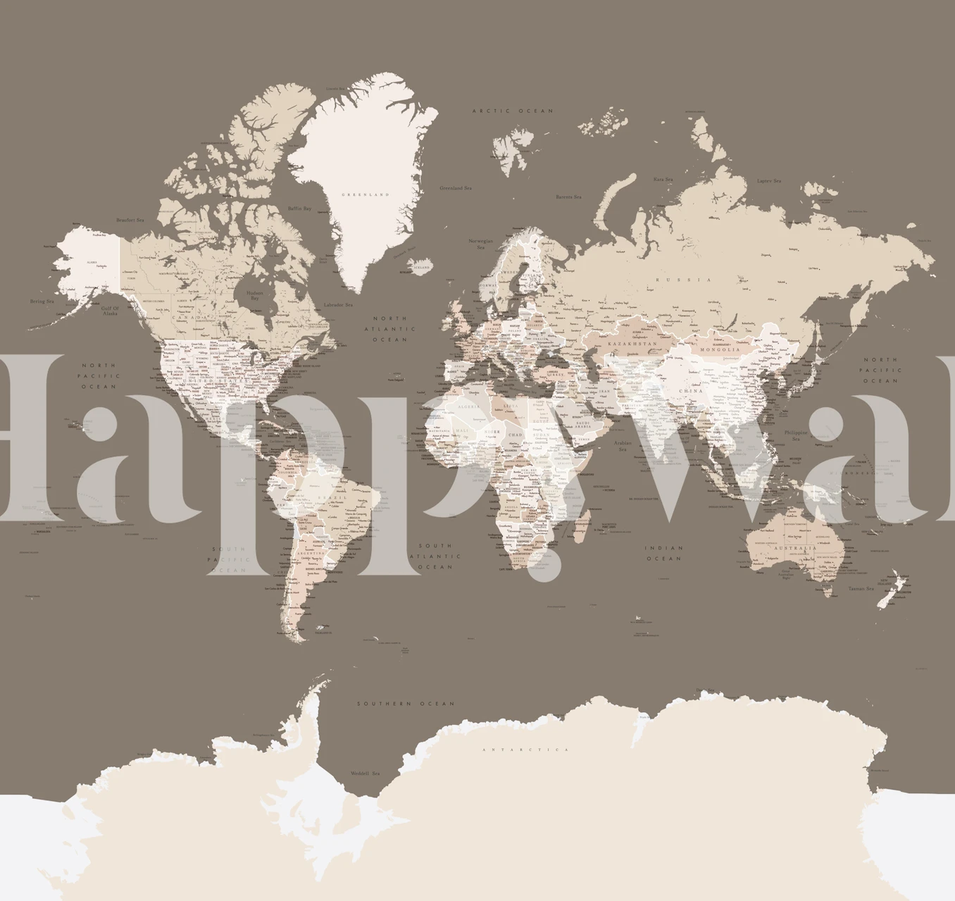 Antique-style world map wall mural in warm earth tones with a focus on Antarctica