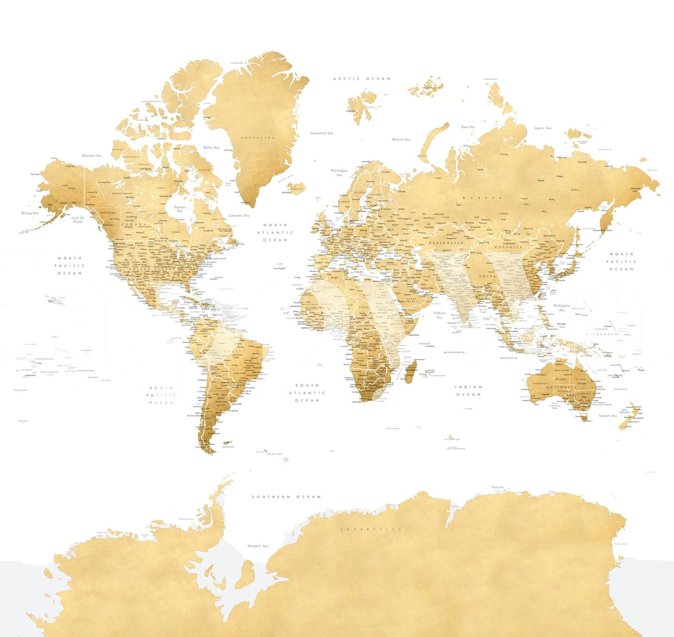 Elegant world map wall mural with golden accents focusing on Antarctica