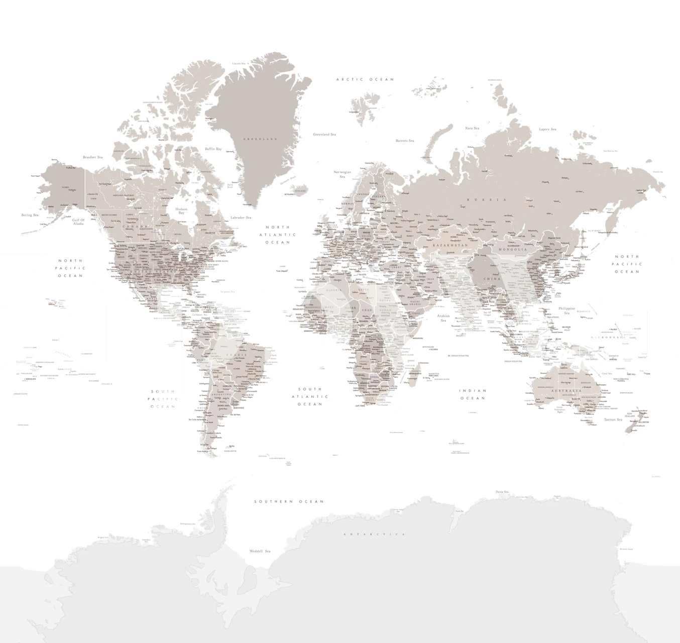 Mural de parede de mapa mundial em tons neutros com foco na Antártida