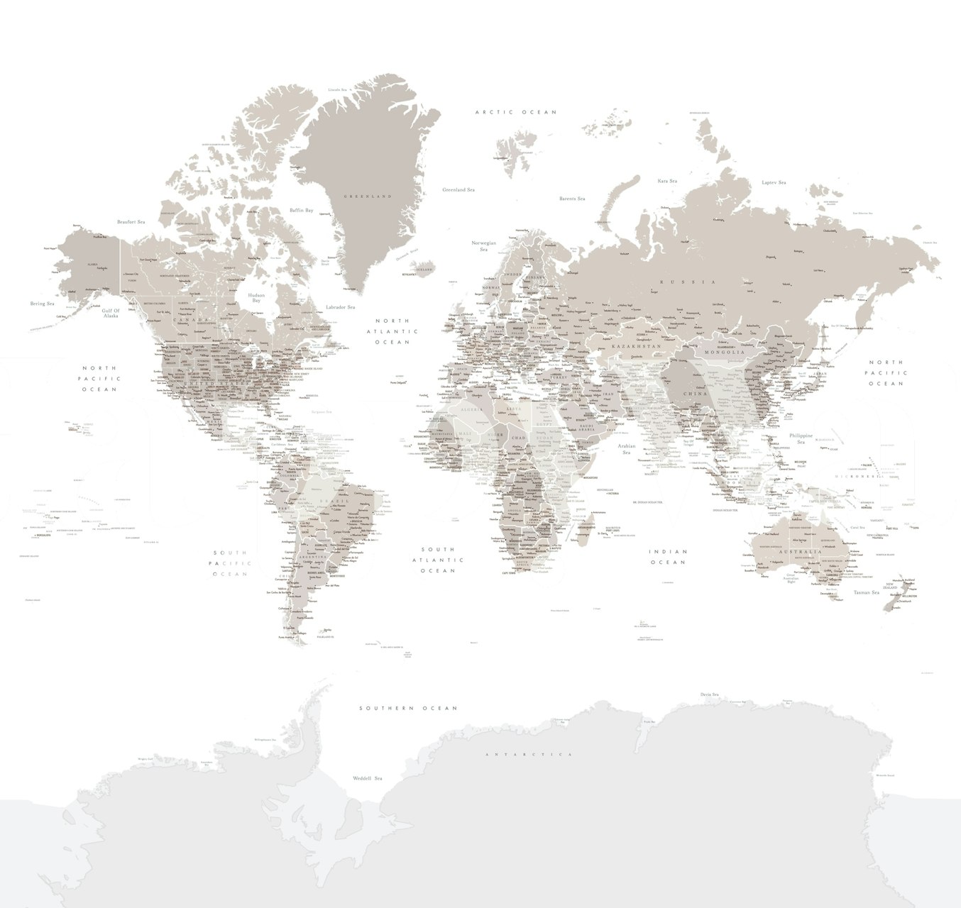 Neutraalin sävyinen maailmankartan seinämaalaus, jossa keskitytään Etelämannereen