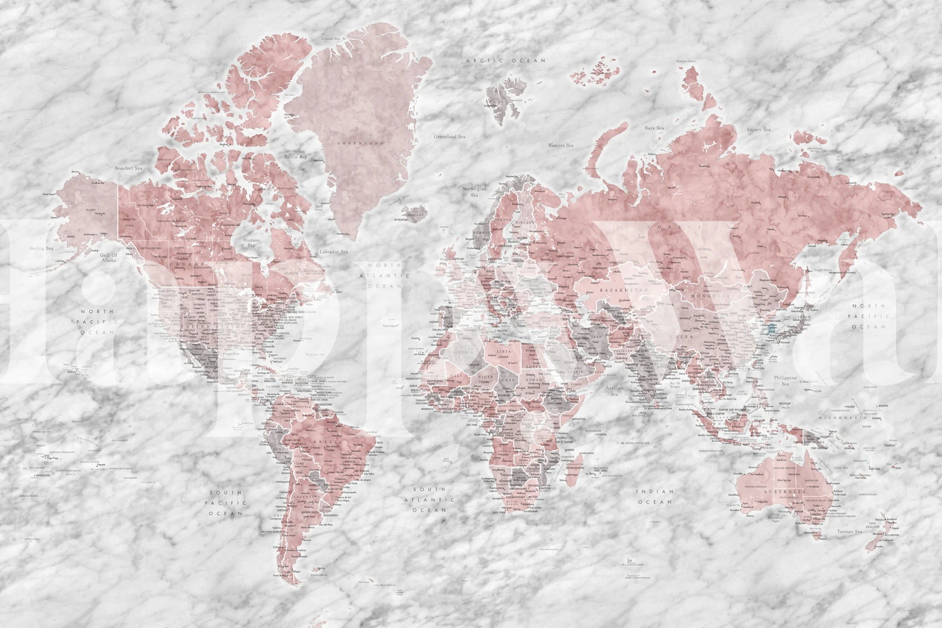 World map in pink tones on marble texture wallpaper