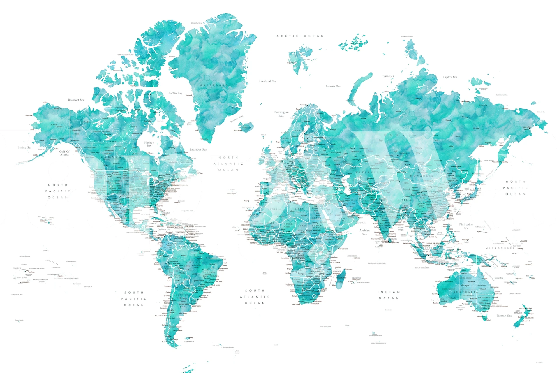 Watercolor world map in vibrant blue tones wallpaper