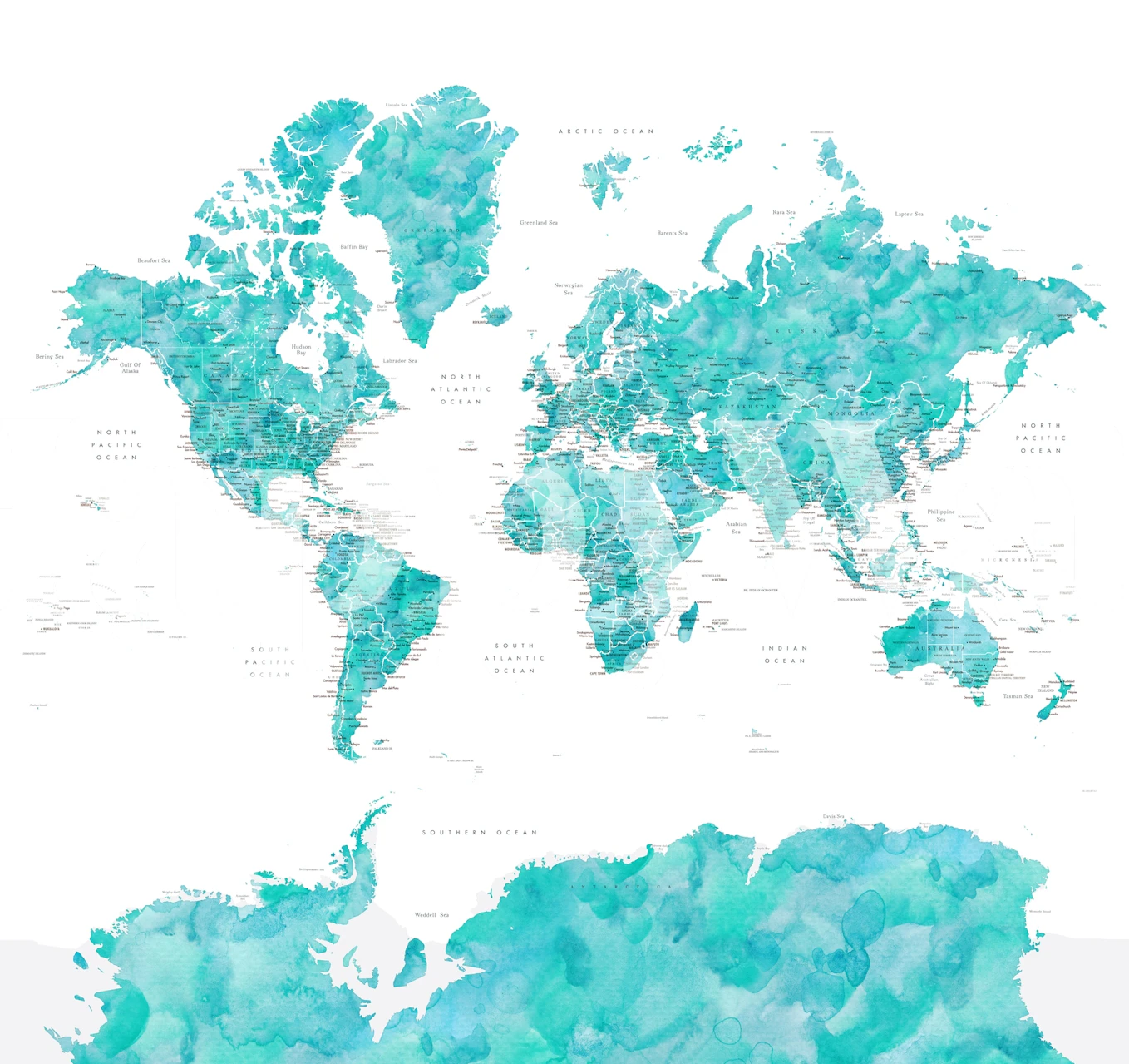 Turquoise aquarel wereldkaart muurschildering met een focus op Antarctica