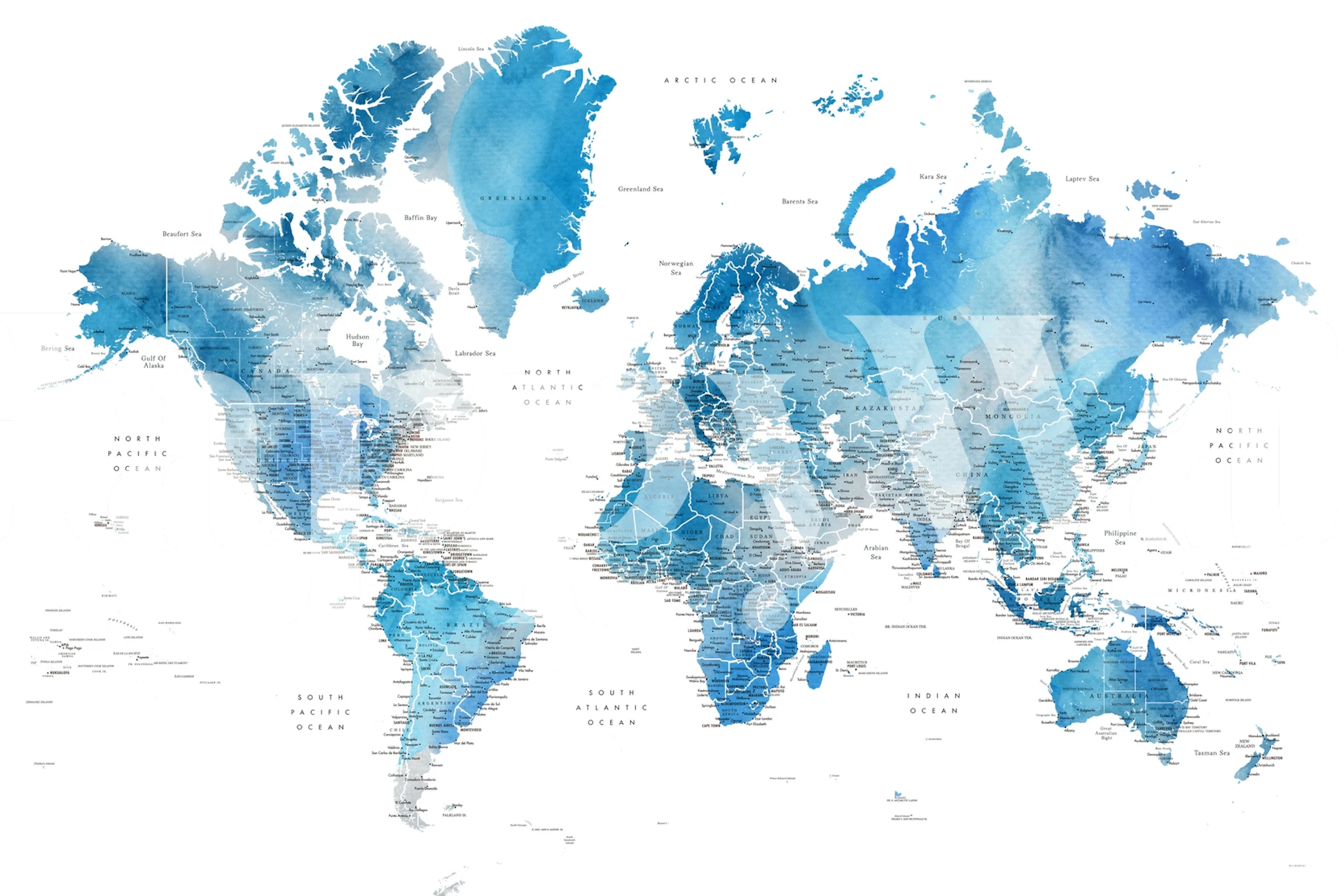 World map in blue watercolor tones wall mural
