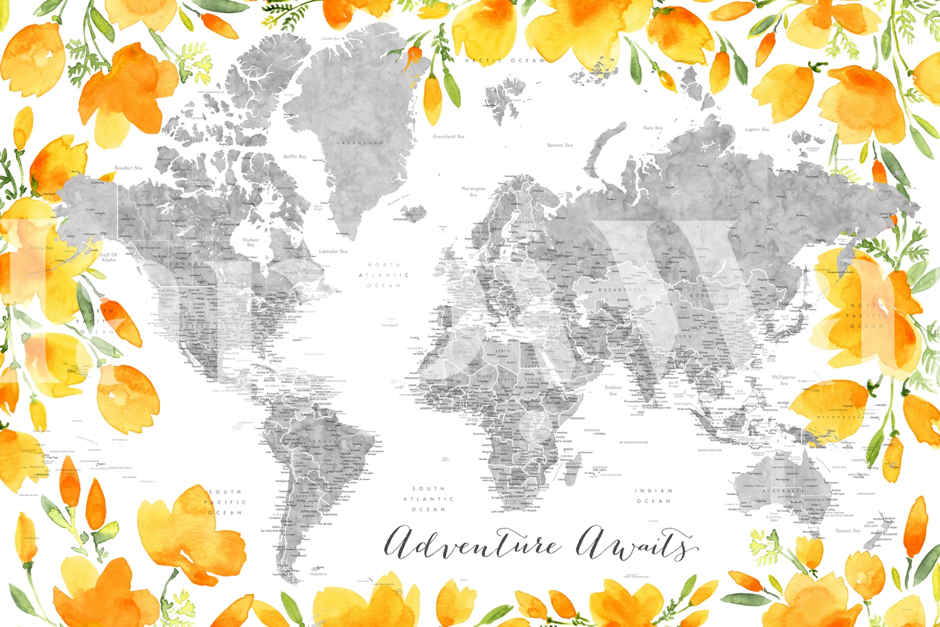 World map in gray with orange floral border wallpaper