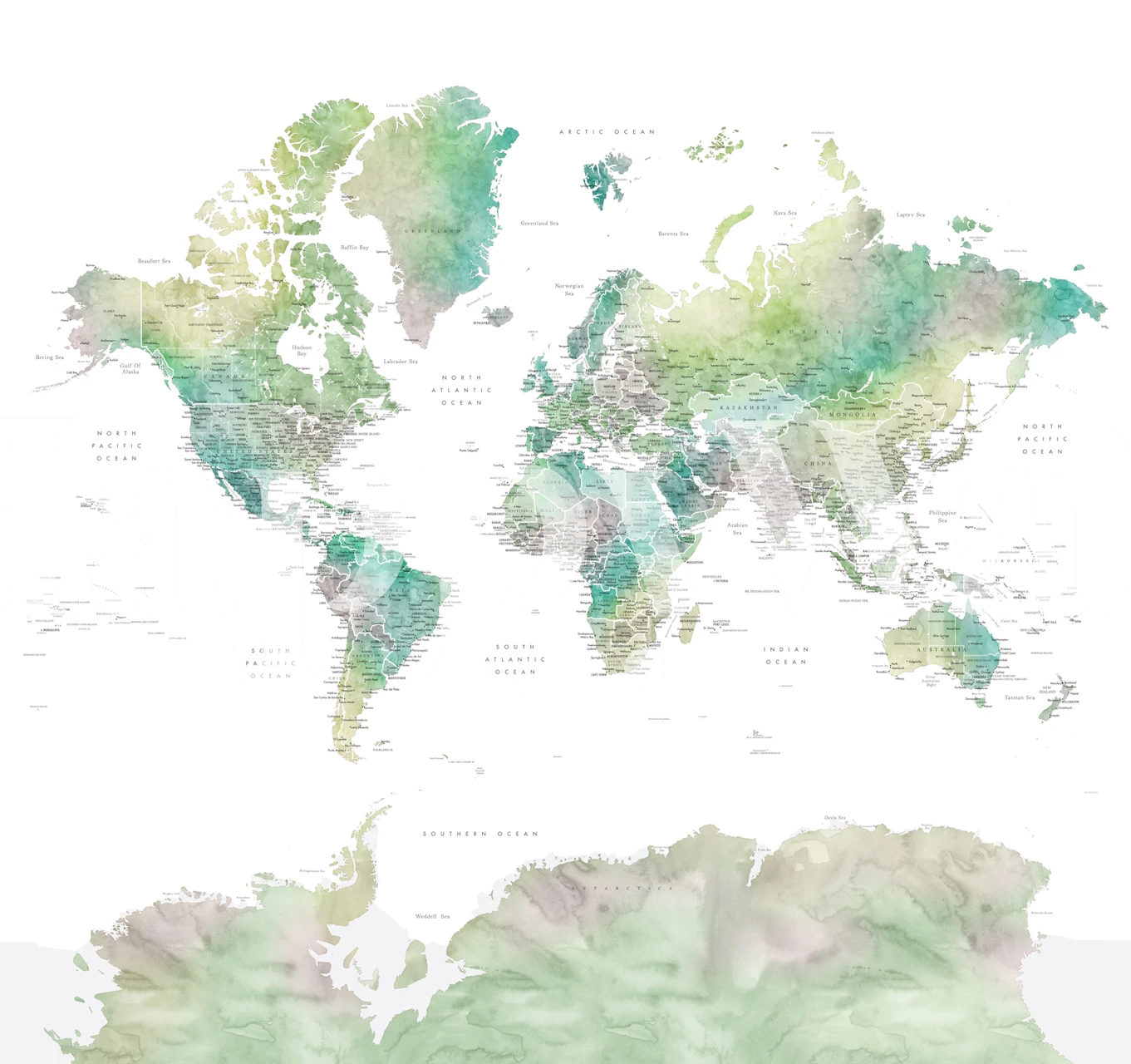 Watercolor world map design in soft green and blue tones wallpaper