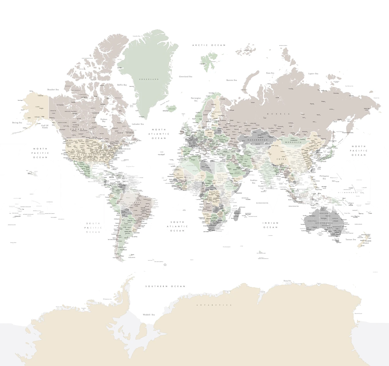 Papier peint mural de carte du monde élégant et subtil mettant l'accent sur l'Antarctique, dans des couleurs douces.